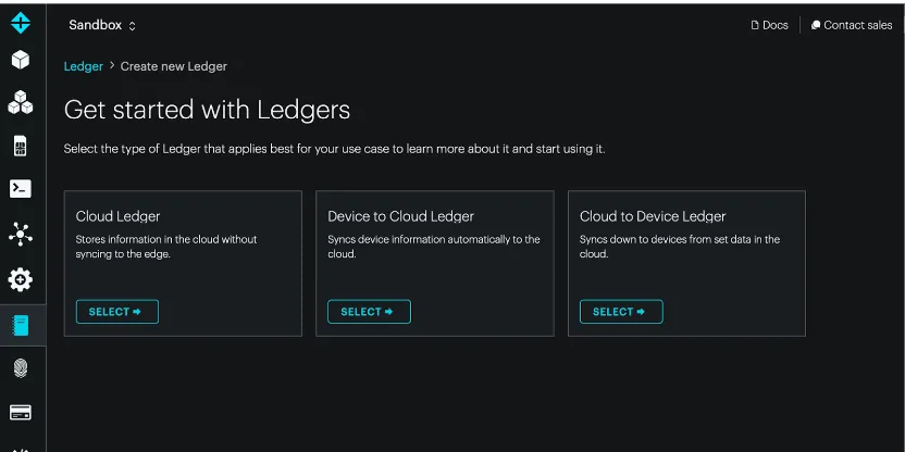 Selector con los tres tipos de Ledger en la consola de Particle