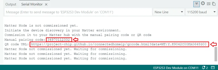 Monitor serial del Arduino IDE con el código manual de emparejamiento y la URL del código QR