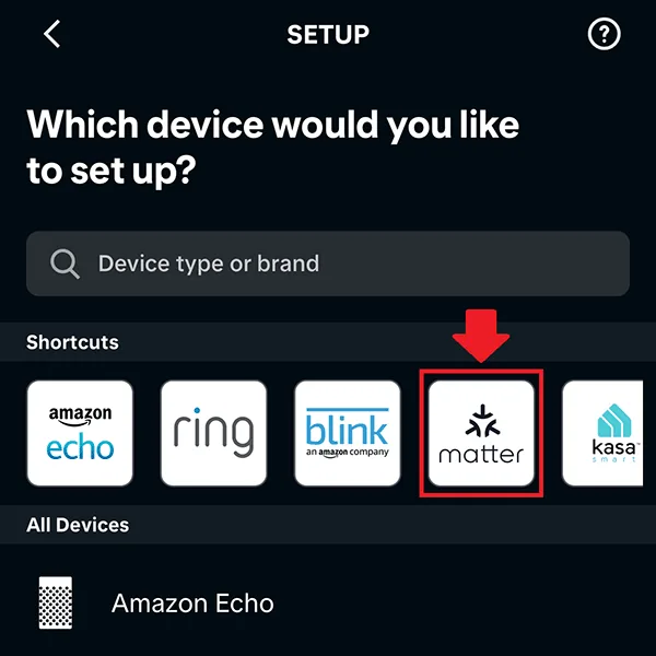 Pantalla de Alexa para elegir el tipo de dispositivo, con la opción Matter