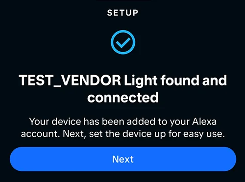 Pantalla de Alexa que confirma el dispositivo encontrado y conectado