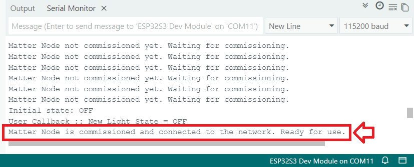 Monitor serial con el mensaje de nodo Matter comisionado en Alexa