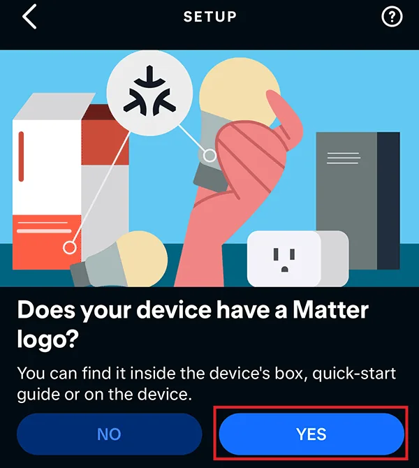 Pantalla de Alexa que pregunta si el dispositivo tiene logo Matter