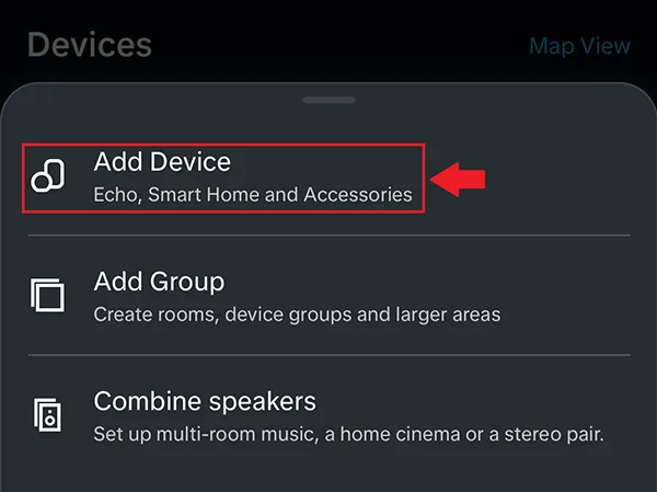Menú de la app Alexa con la opción Agregar dispositivo