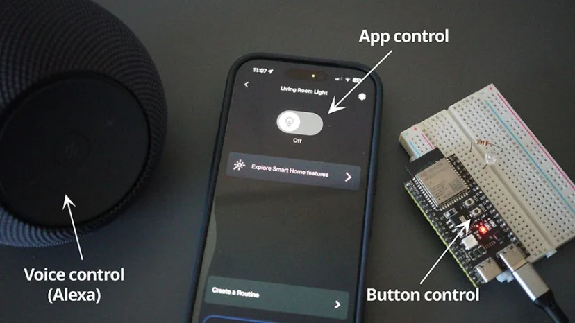 Demostración de la luz Matter del ESP32 controlada por voz, por la app y por el botón de la placa