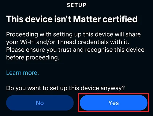 Aviso de Alexa de dispositivo no certificado con la opción de agregarlo