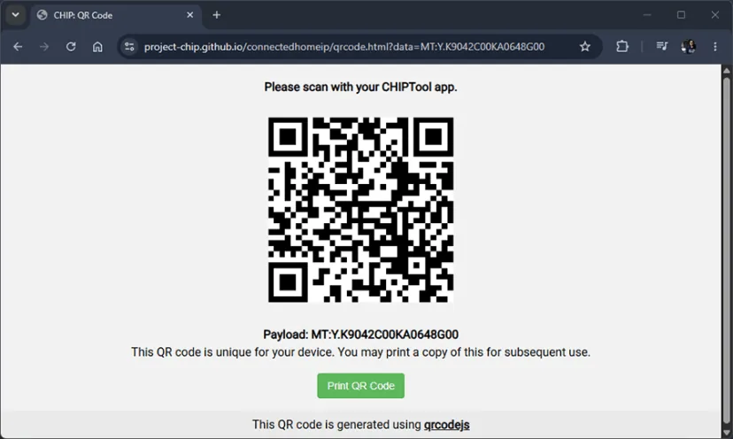 Código QR de emparejamiento Matter abierto en el navegador