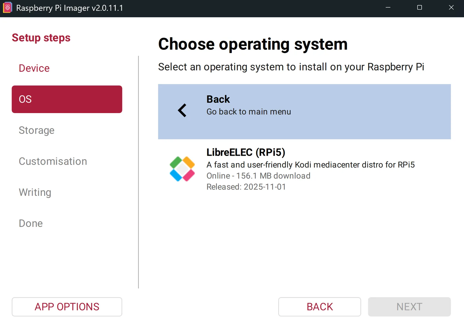Raspberry Pi Imager con LibreELEC seleccionado en la lista de sistemas operativos