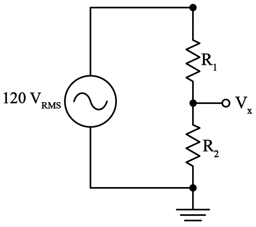 Esquema de un circuito divisor de voltaje con dos resistencias R1 y R2 conectado a una fuente de 220 V RMS