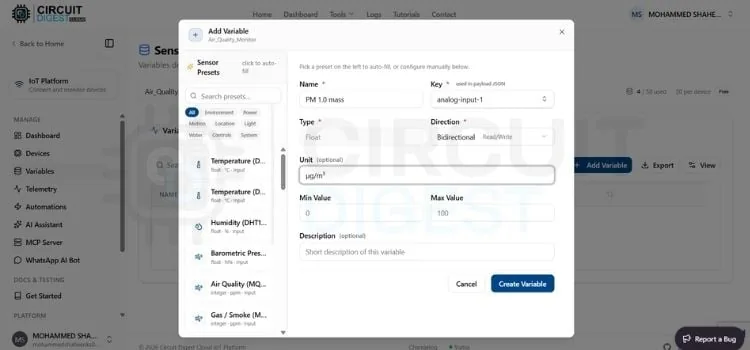 Formulario de creación de una variable en CircuitDigest Cloud