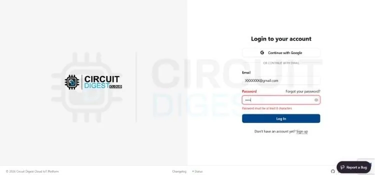 Pantalla de registro e inicio de sesión en CircuitDigest Cloud