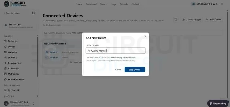 Creación de un nuevo dispositivo en el panel de CircuitDigest Cloud