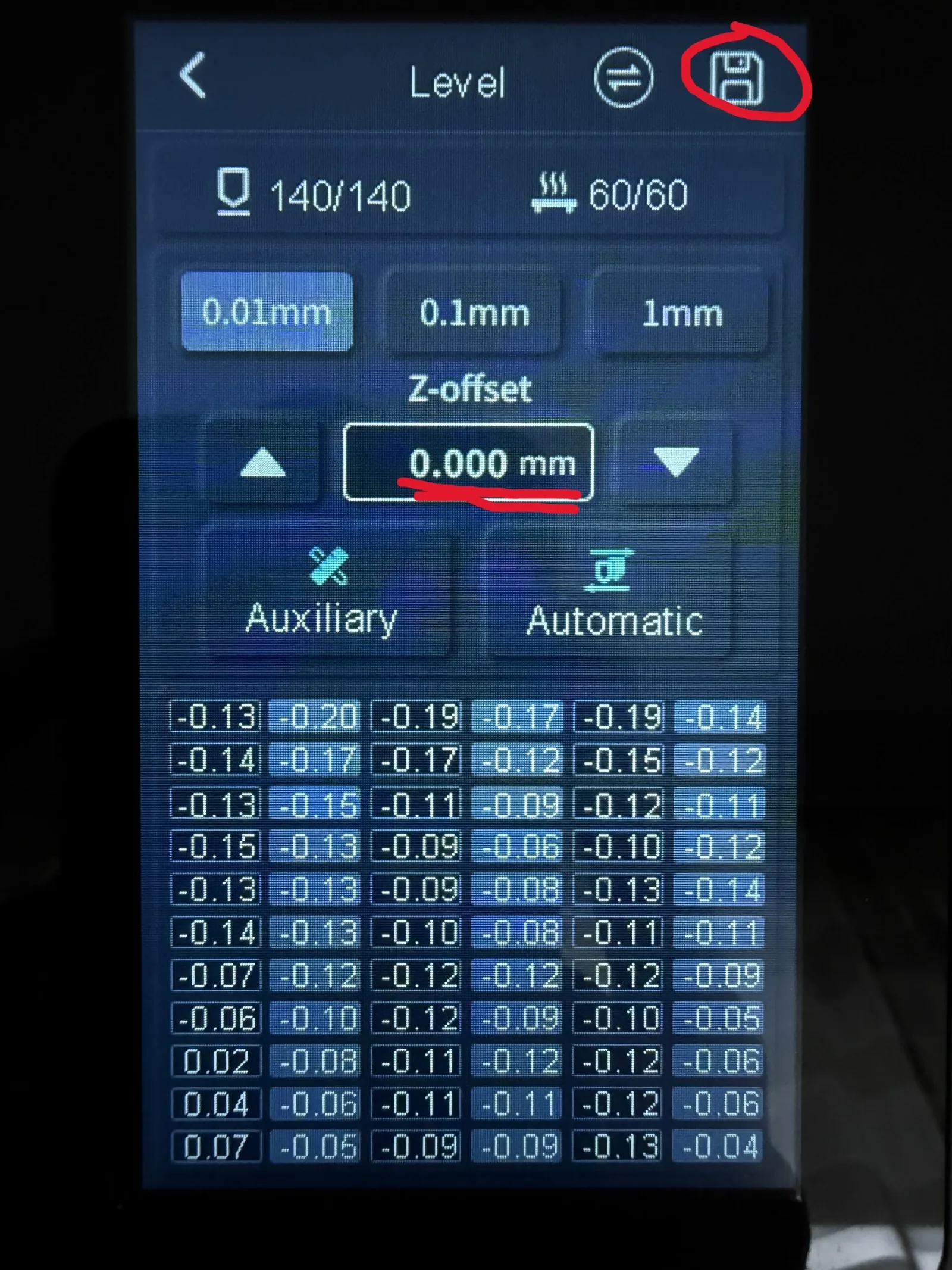 Pantalla de guardado del mesh de auto nivelación en el Neptune 4