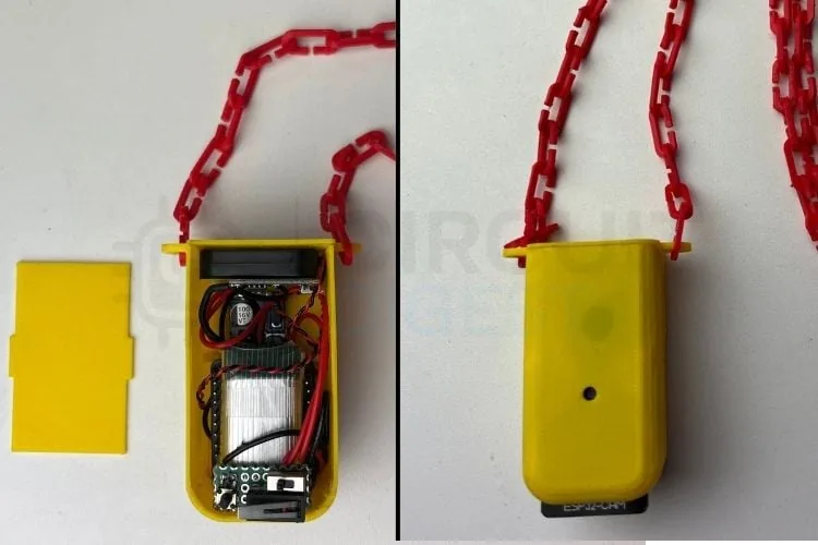Colgante ESP32-CAM ensamblado dentro de su carcasa impresa en 3D