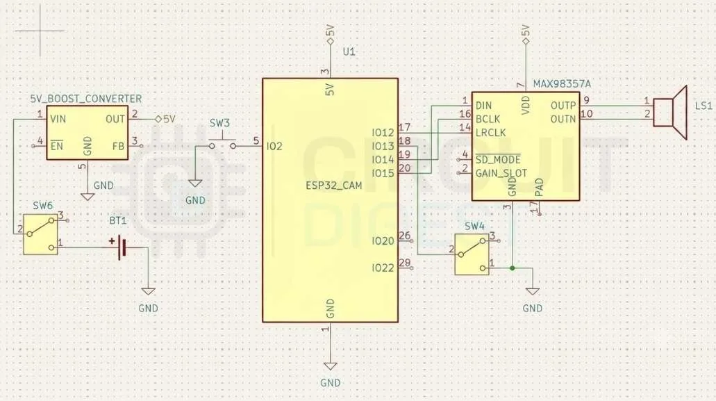 Diagrama de conexión completo del colgante ESP32-CAM con boost y amplificador