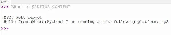 Salida del REPL en Thonny mostrando el mensaje de MicroPython con la plataforma rp2