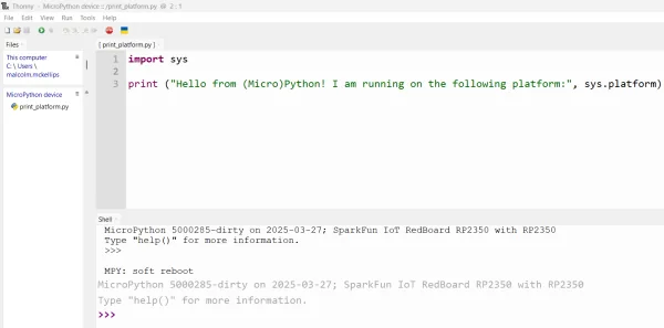 Thonny con el explorador de archivos del dispositivo MicroPython mostrando print_platform.py