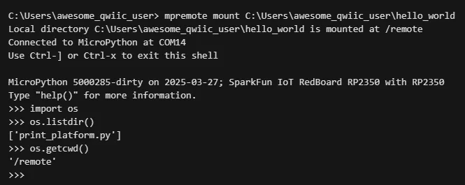 Terminal con mpremote montando una carpeta local y navegando el sistema de archivos de la placa con el módulo os