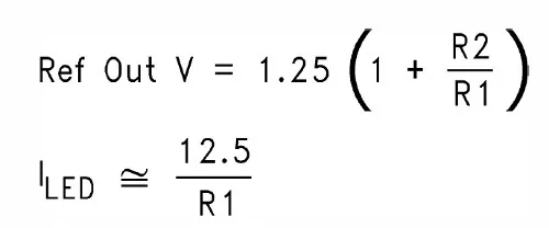 Fórmulas del LM3914: voltaje de referencia de salida Ref Out V igual a 1.25 por uno mas R2 sobre R1, y corriente de LED igual a 12.5 sobre R1