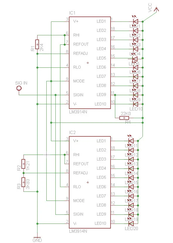 Esquema de dos LM3914N encadenados controlando 20 LED, con resistencias R1, R2 y R3 y la resistencia de 22K para el modo punto