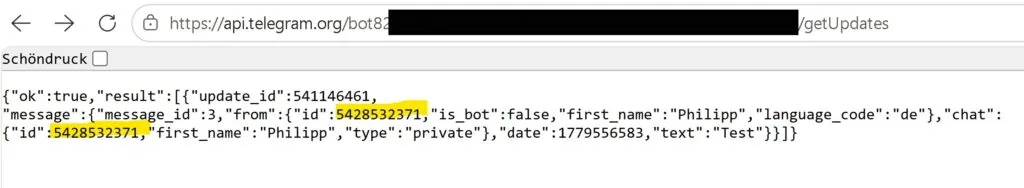 Respuesta JSON de getUpdates con el chat.id resaltado