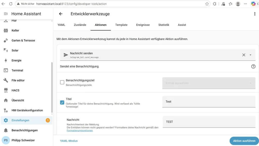 Herramientas para desarrolladores de Home Assistant enviando un mensaje de prueba