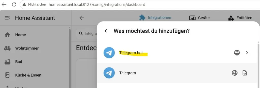 Pantalla de Home Assistant agregando la integración Telegram Bot