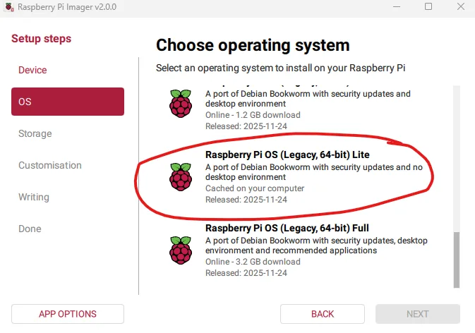 Raspberry Pi Imager mostrando la selección del sistema operativo Bookworm Lite de 64 bits