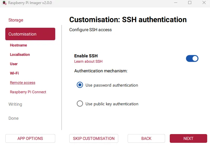 Pestaña de personalización del Imager con el SSH habilitado por autenticación de contraseña