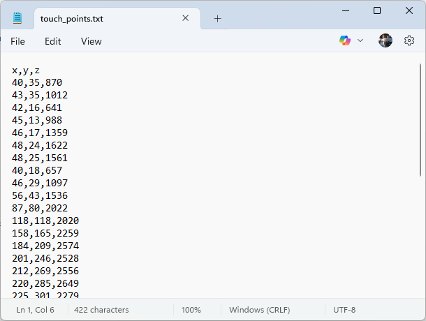 Archivo touch_points.txt abierto en el PC con las coordenadas x, y, z guardadas en formato CSV