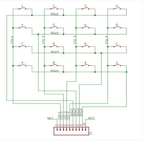 Diagrama de pinout de un teclado matricial con sus filas y columnas
