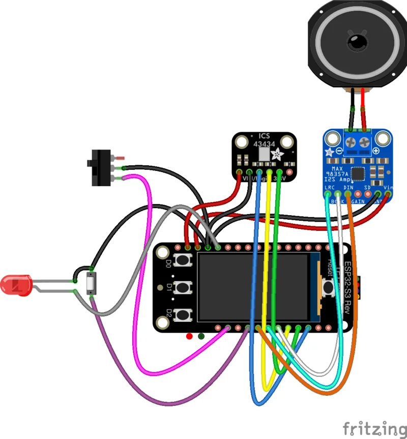 Diagrama de conexión estilo Fritzing del walkie talkie ESP-NOW con ESP32-S3, micrófono I2S, amplificador y parlante
