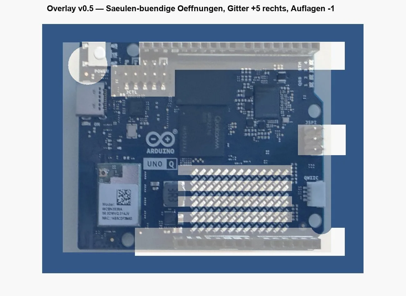 Overlay de CAD: la foto de la placa superpuesta en semitransparencia sobre el modelo de la tapa
