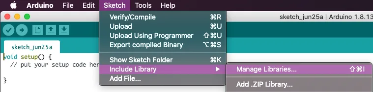 Menú del IDE de Arduino con la opción Manage Libraries para abrir el gestor de bibliotecas