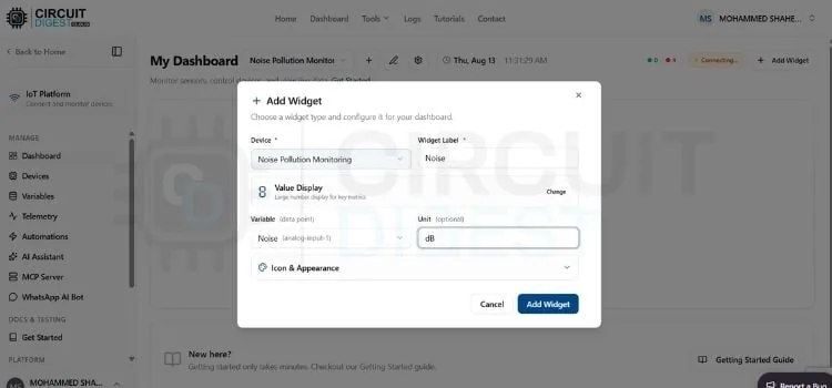 Agregando widgets de valor al dashboard del monitor de ruido