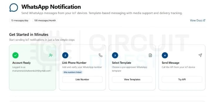 Pantalla de integración de la API de WhatsApp en CircuitDigest Cloud