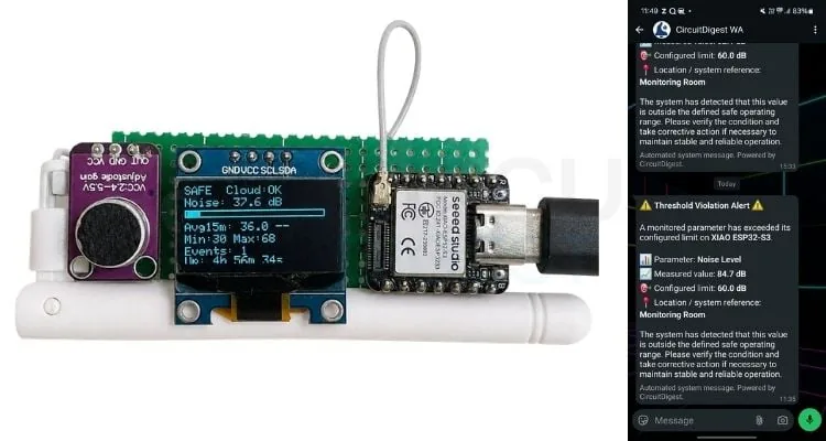 Salida en la pantalla OLED del monitor de ruido, con lectura en dB, estado y tendencia de 15 minutos