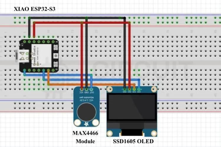 Diagrama de conexiones del monitor de ruido: MAX4466 y pantalla OLED cableados al XIAO ESP32-S3