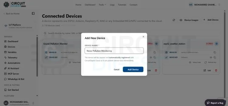 Formulario para agregar un dispositivo nuevo en el panel de CircuitDigest Cloud