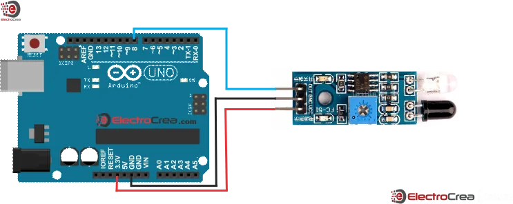 Diagrama de conexión del sensor fotoeléctrico al Arduino Uno: VCC a 5V, GND a GND y OUT al pin 8