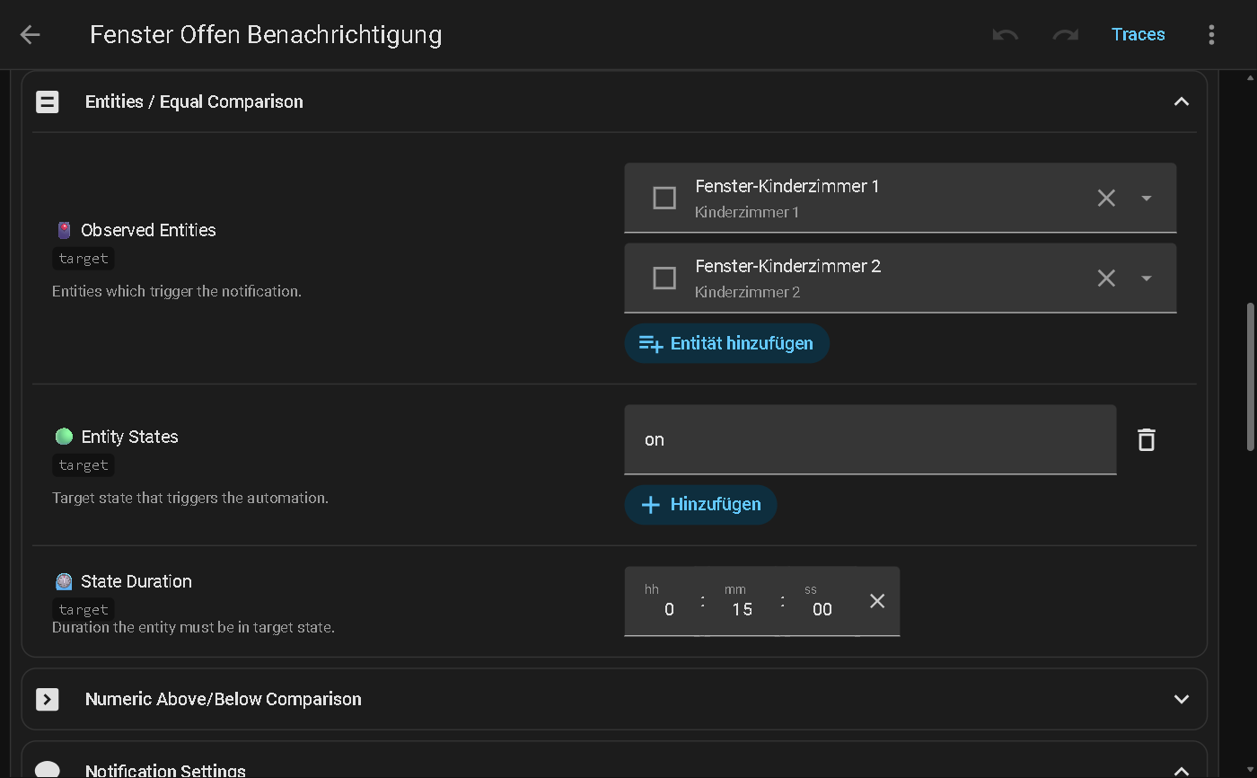 Blueprint Entity State Notification en Home Assistant, con dos contactos de ventana como entidades observadas, estado on y duración de 15 minutos