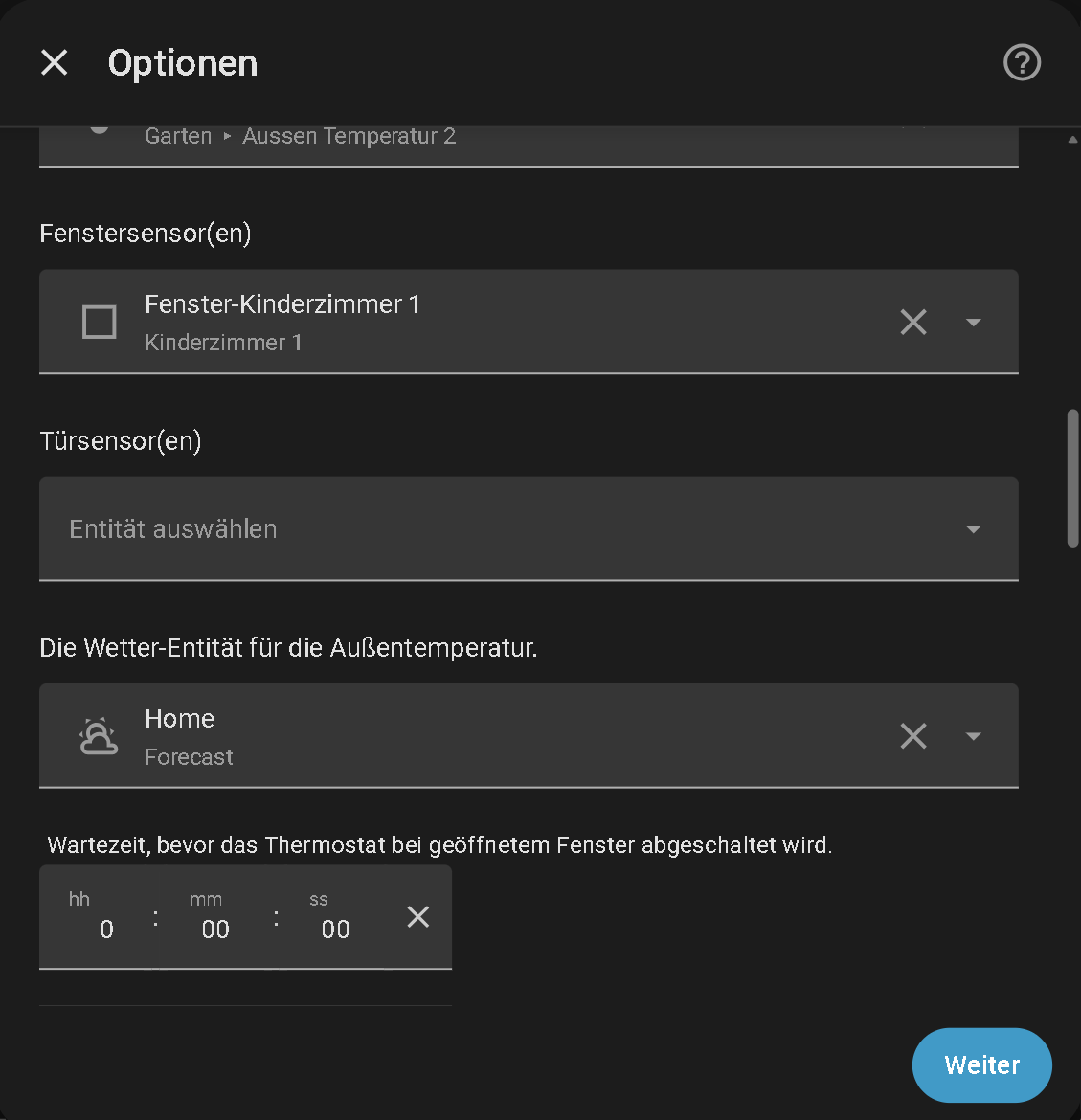 Opciones de Better Thermostat en Home Assistant con el sensor de ventana configurado y el tiempo de espera antes de apagar
