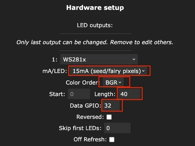 Pantalla de ajustes de LED en WLED con la cantidad y el GPIO
