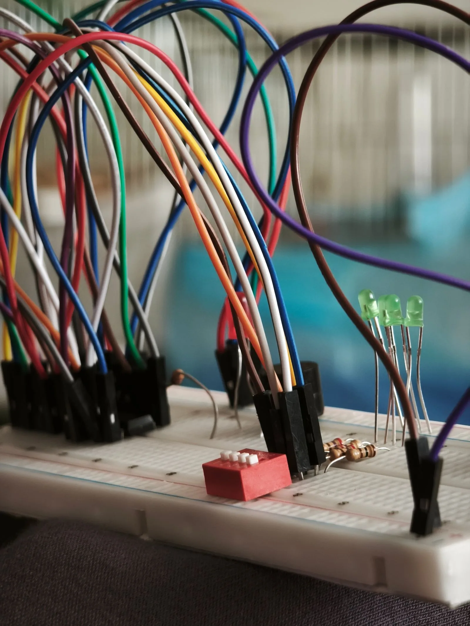 Componentes y cables sobre el protoboard