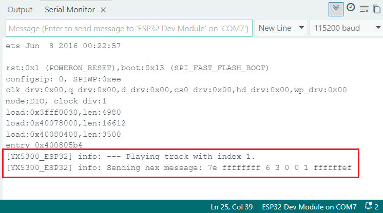 Monitor serie del Arduino IDE mostrando los comandos del YX5300 mientras reproduce una pista