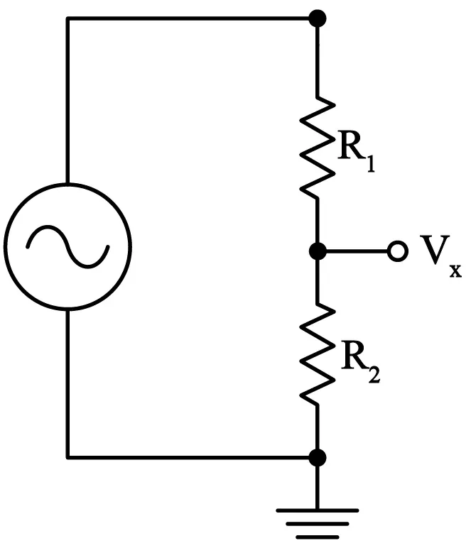 Esquema de un circuito divisor de voltaje con dos resistencias R1 y R2 conectado a una fuente de 220 V RMS