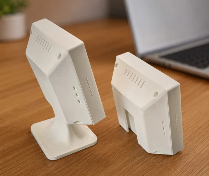 Vista trasera del Token Monitor con la carcasa impresa en 3D, ranuras de ventilación y soporte de escritorio