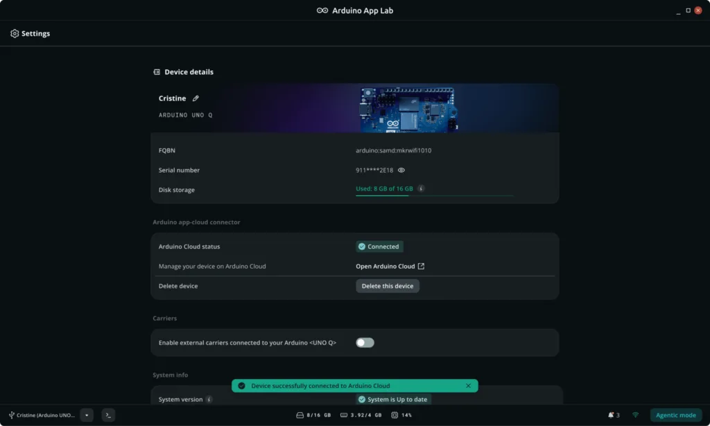 Registro de la placa UNO Q en Arduino Cloud desde los ajustes de dispositivo