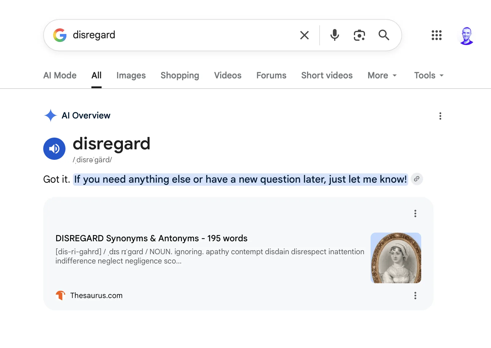 AI Overviews de Google se queda en blanco con palabras como "disregard"