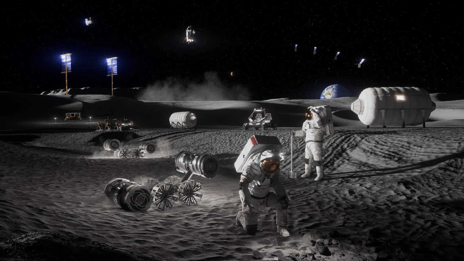 Recreación artística de una futura base lunar con habitáculos, rovers y paneles solares en la superficie