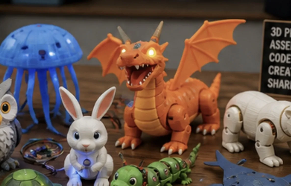 Ember el Dragón y Glow Jelly junto a otros robots en exhibición